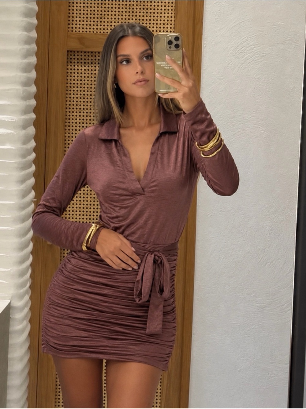 Louna Ruched Collar Tie-Waist Mini Dress in Mauve XS